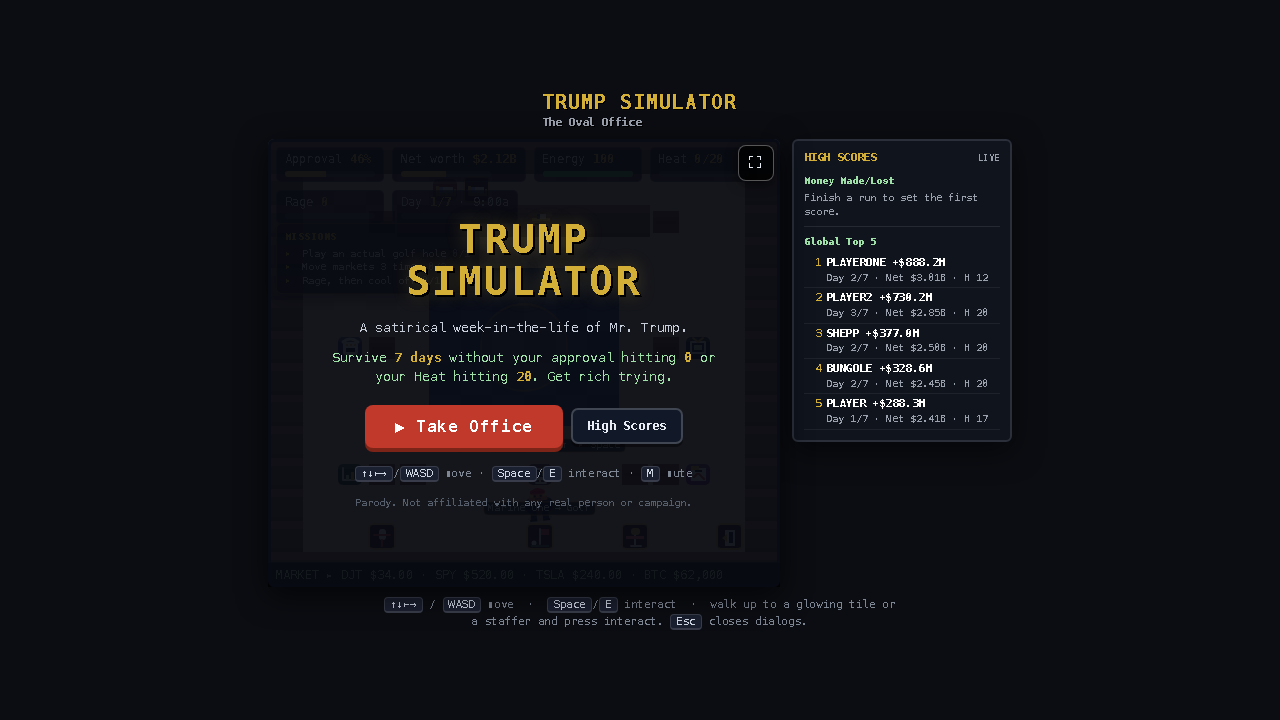 Trump Simulator title screen with the Take Office start button